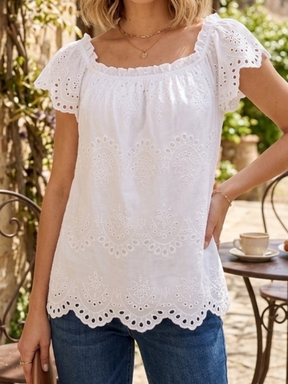 Adiva White Eyelet Ruffle Square-Neck Blouse